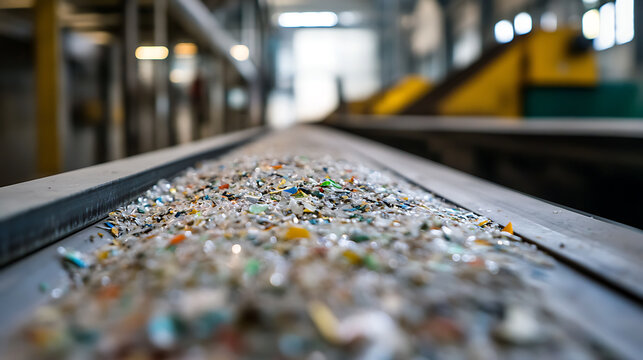 Close-up of recyclable materials on a conveyor belt in a recycling plant, representing waste management and environmental sustainability in industrial processing.