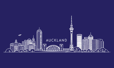 Obraz premium Auckland Skyline Sketch with Sky Tower, Harbour Bridge, and Cultural Māori Art Elements for Tourism and Souvenir Design