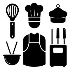 Kitchen utensils and chef accessories on white background.