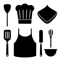 Cooking icon set — chef hat, spatula, apron, and recipe on white background.