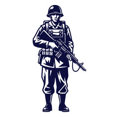 Obraz premium Black and white illustration of a soldier standing with a rifle and uniform in combat ready stance
