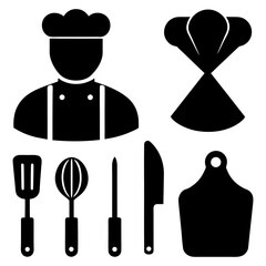 Chef hat, apron, spatula, and recipe on white background.