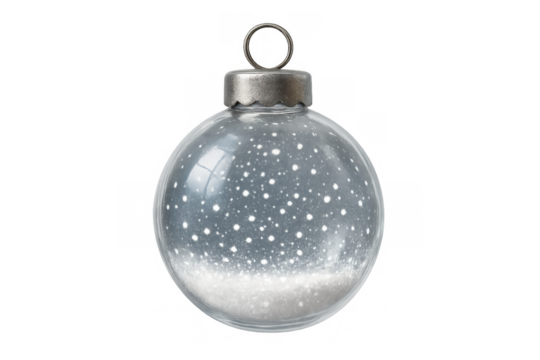 Clear glass christmas ornament with white snow, transparent bauble decorating winter holidays, festive season concept