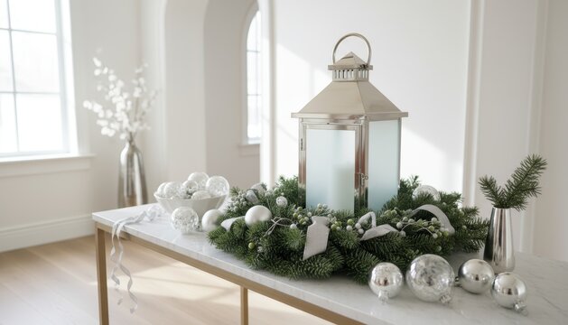 Elegant Christmas decor on an entryway table with a silver lantern. Modern white and silver holiday centerpiece. Festive home interior for the winter season - Powered by Adobe