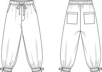 Fashion jogger pants front and back technical flat sketch with drawstring waistband and pockets, comfortable streetwear design, cad drawing flat vector illustration