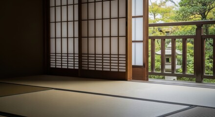 Traditional japanese tatami room with open sliding shoji doors overlooking garden