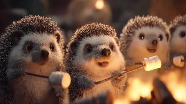 Adorable hedgehogs joyfully roasting marshmallows by the campfire, showcasing their endearing expressions and cozy gathering, perfect for a fun-filled adventure under the stars.