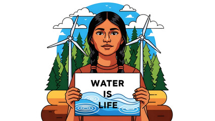 confident Indigenous Climate Activist Youth - Woman Holding 'WATER IS LIFE' Sign concept  Sustainable Future