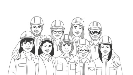 Construction Team - Smiling Workers in Hard Hats oultline vector Strong Team Bond - Smiling Hard-Hatted Workers  