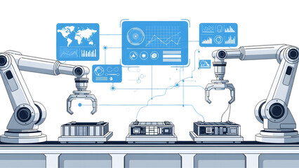 Smart Warehouse Automation - Robotic Arms and Data Visualization concept  Assembly Line with Infographics - Vector Illustration  Industrial Automation