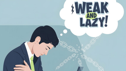 Mental Health Stigma   Feeling Weak and Lazy Workplace concept  Corporate Mental Health - Stigmatized Employee Chained by Self-Doubt