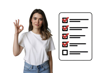 Woman giving ok sign next to checklist isolated on transparent background