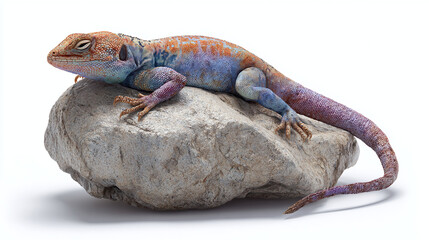 A colorful lizard resting on a textured rock, its scales vividly displayed. The scene captures the beauty of nature's design. 