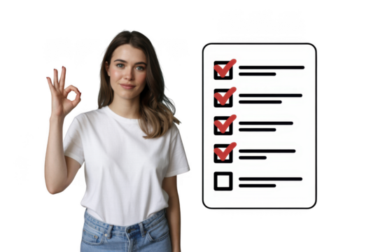 Woman giving ok sign next to checklist isolated on transparent background