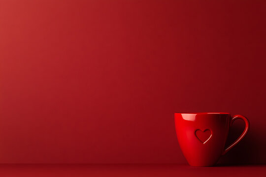 A vibrant red mug, adorned with a subtle heart, sits against a matching background. The minimalist composition highlights love and warmth, creating a serene, romantic mood. - Powered by Adobe