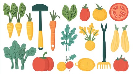 Fresh garden vegetables and gardening tools.