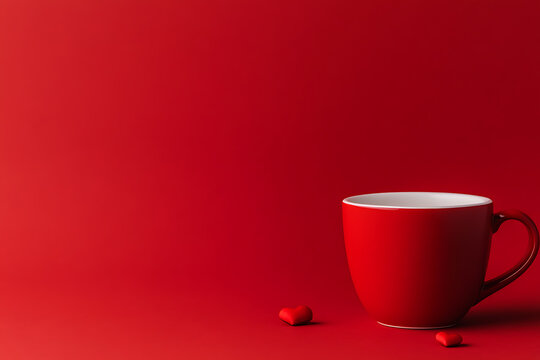A vibrant red ceramic mug sits on a matching backdrop, accompanied by two small heart decorations. The scene evokes feelings of warmth, love, and connection with a minimalist design.