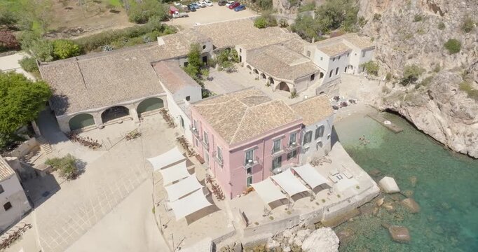 Aerial view of the Scopello tuna fishery, in the province of Trapani, Italy. It is one of the most important and oldest tuna fisheries in Sicily and overlooks the Mediterranean Sea.