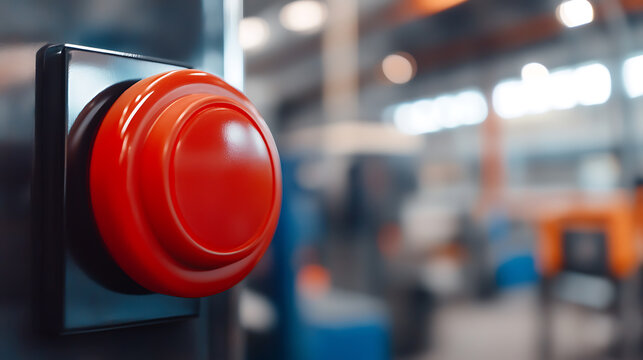 Close-up of a prominent red emergency button against a blurred industrial backdrop, symbolizing immediate action, control, and operational safety in a manufacturing setting.