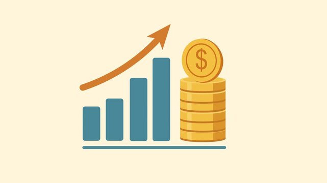 Financial Growth and Increase in Profit. Flat design Animation of a bar chart Growing with an upward arrow and Increasing stack of gold coins. Business profit growth