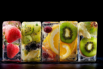 透明な氷の塊の中に凍った様々な果物