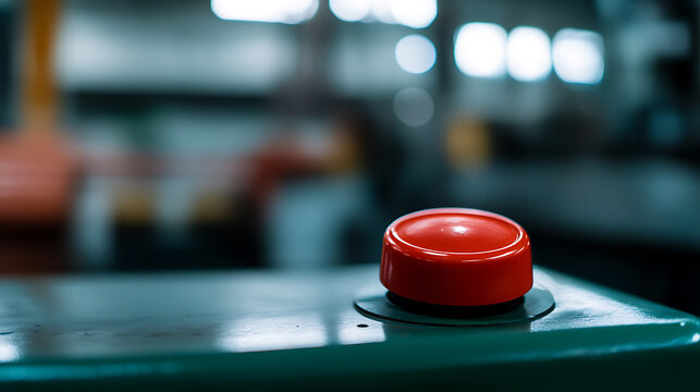 Emergency stop button on a machine in a factory. The image conveys safety, control, and the capability to halt operations quickly if needed. Macro shot in cold color palette.