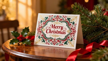 A sophisticated Christmas card with holiday decor, perfect for promoting greeting cards, stationery, and holiday gifts.