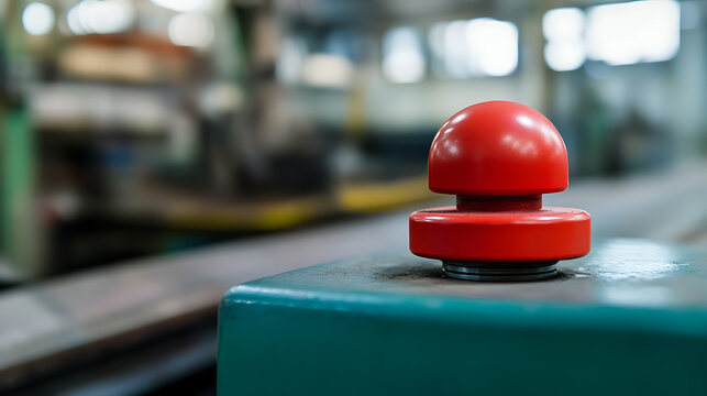 A vibrant red emergency stop button sits prominently against a blurred industrial backdrop, symbolizing safety protocols and immediate action in a manufacturing environment.
