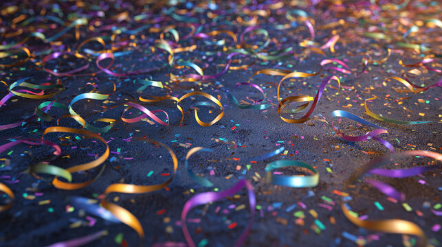 Confetti and streamers scattered on a dark surface, creating a festive atmosphere. The colorful assortment of decorations suggests a celebration or special occasion