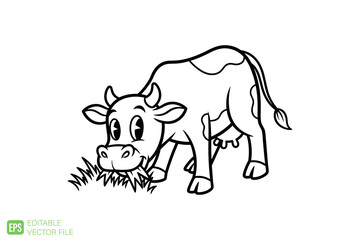 Fototapeta premium Cute Cartoon Cow Grazing on Grass Line Art Drawing.