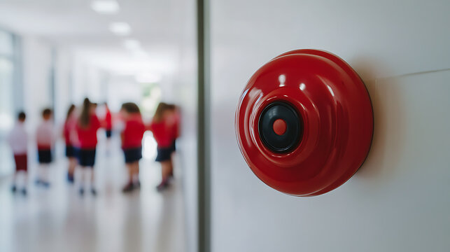 Bright red emergency alarm in a school hallway, with children in the background. Safety measures in educational buildings: the fire alarm system. Preparedness for incidents.