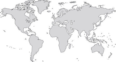 Black blank vector silhouette world map | High detail flat earth template illustration isolated on white background | High resolution contour in Mercator projection