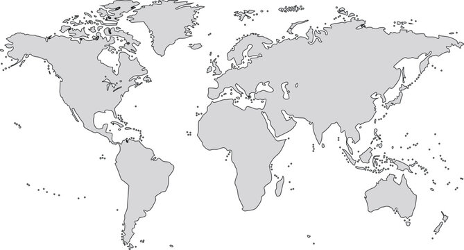 Black blank vector silhouette world map | High detail flat earth template illustration isolated on white background | High resolution contour in Mercator projection