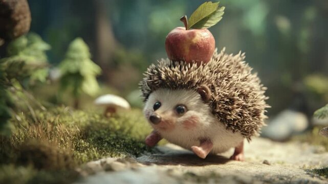 A charming and whimsical hedgehog with a bright red apple perched on its head joyfully dashes through a lush, green forest in this delightful animated scene.