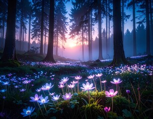 Mystical forest scene with glowing flowers and ethereal light