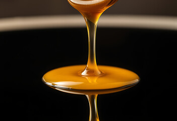 Closeup of golden honey dripping from a spoon against a dark background