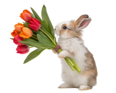 cute rabbit holding tulips studio photograph  