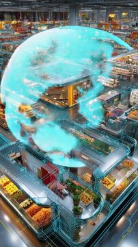 Global Food Supply Chain: A futuristic illustration depicts a transparent globe hovering over a vibrant food market, symbolizing the complex web of the global food supply chain.