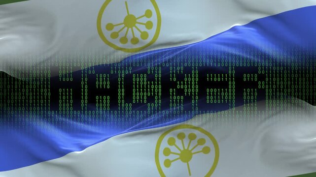 Bashkortostan flag - Waving flag on matrix binary code background