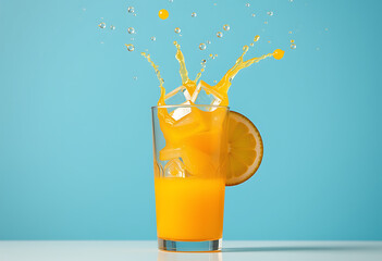 Orange juice splashing out of a glass with ice on a blue background