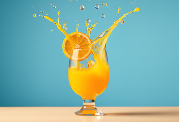 Refreshing orange juice splashing out of a glass on a bright blue background