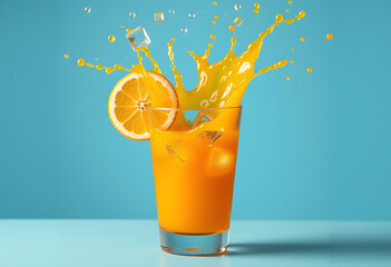 Refreshing orange juice with ice cubes splashing in a glass on blue background
