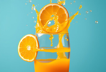 Orange juice splashing in a glass with orange slices on a blue background