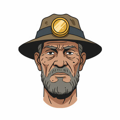 Elderly miner with a headlamp and stern expression on white background  