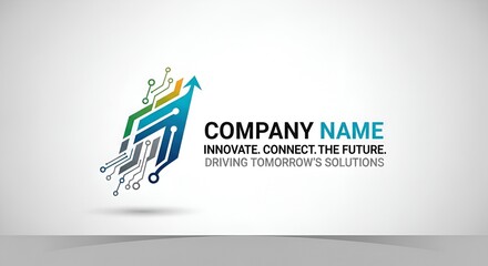 Logo showcasing an arrow made of circuit board elements with company name and tagline