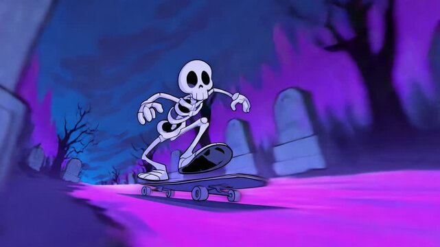 A playful skeleton skates through a spooky, colorful graveyard, surrounded by eerie trees and illuminated by vibrant purple hues, creating a whimsical Halloween scene.