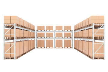 Front view pallet racking with cargo boxes and industrial shelving for logistics and supply chain storage. Heavy-duty steel rack system. 3D render.