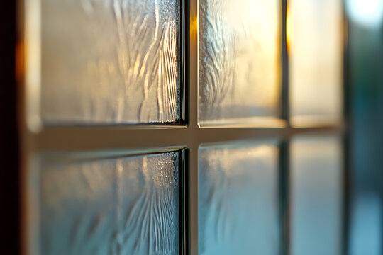 A close-up captures the textured glass blocks, creating a play of light and shadow. The translucent material diffuses light, offering privacy with style. Abstract, modern aesthetic.