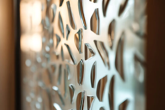 Abstract metal panel with organic cutout shapes creating a modern, decorative screen, capturing light and shadow in an elegant interior design feature.