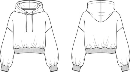 Women cropped hoodie sweatshirt fashion design with drawstring hood, ribbed cuffs and hem, clothing template, cad drawing flat vector illustration